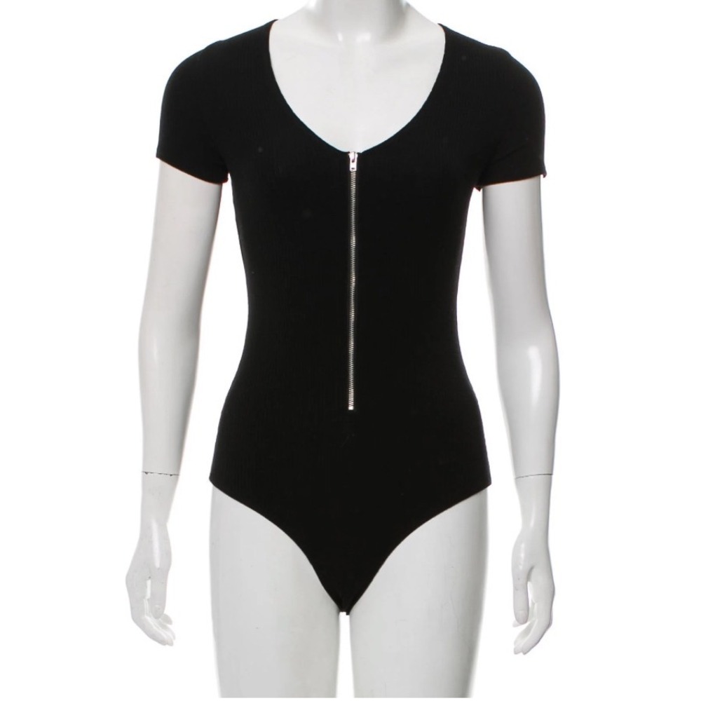 Reformation Bodysuit Coco Short Sleeve Women Size XS Black Ribbed‎ Zipper